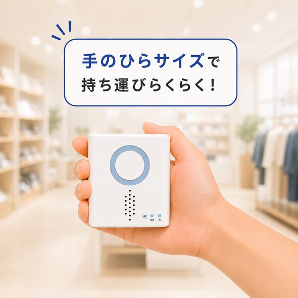 手のひらサイズで持ち運びらくらく。軽量コンパクトなワイヤレス受信チャイム本体を片手で持ったサイズ感のイメージ写真。