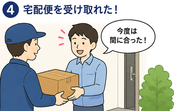 インターホンにすぐ気づき、玄関で宅配便の荷物を無事に受け取れた男性のイラスト