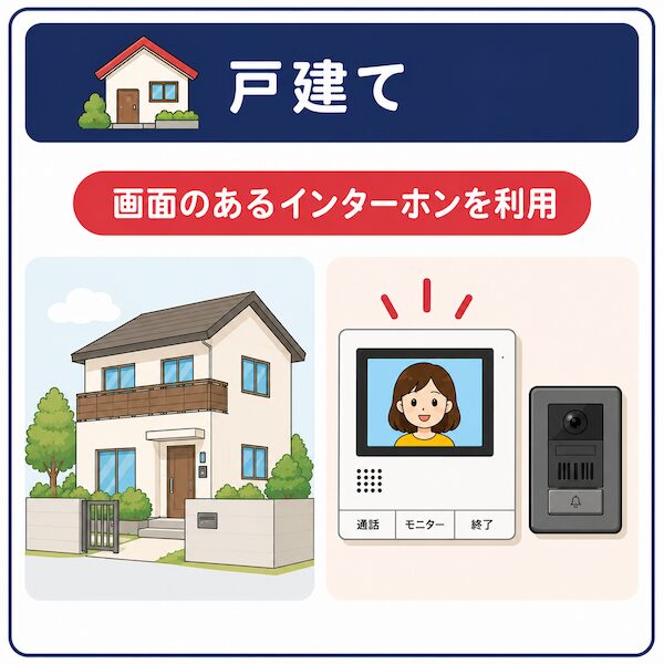 一戸建て住宅と画面のあるモニター付きインターホンのイラスト