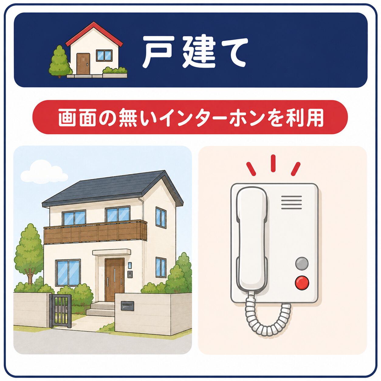 一戸建て住宅と画面のない受話器型インターホンのイラスト