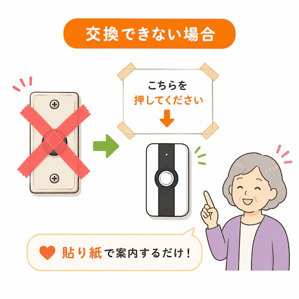 既存のボタンが交換できない場合に、貼り紙で新しいボタンへ誘導する方法を説明するイラスト。