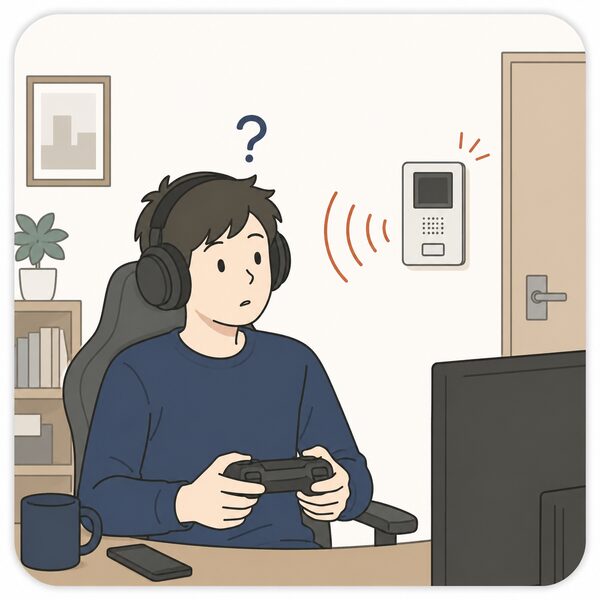 ヘッドホンを装着してゲームをしている男性が、壁のインターホンの呼び出し音に反応している様子。ヘッドホン使用時やゲームプレイ中で周囲の音が聞こえにくい状況でも、来客やチャイムの通知を知らせるワイヤレス機器や、住宅向けインターホンシステムの利便性を伝えるシチュエーションです
