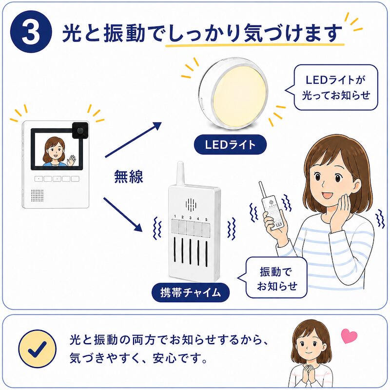 インターホン親機から無線でLEDライト（光）と携帯チャイム（振動）に連動して来客を知らせる製品特徴の解説イラスト