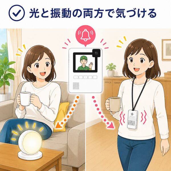 インターホンの来客をLEDライトの光と携帯チャイムの振動で伝えるシステム解説イラスト