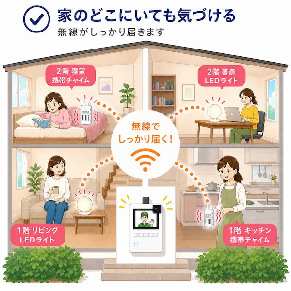 2階建ての住宅内の各部屋に、インターホンの無線電波が届いて来客を知らせる様子を描いた解説イラスト