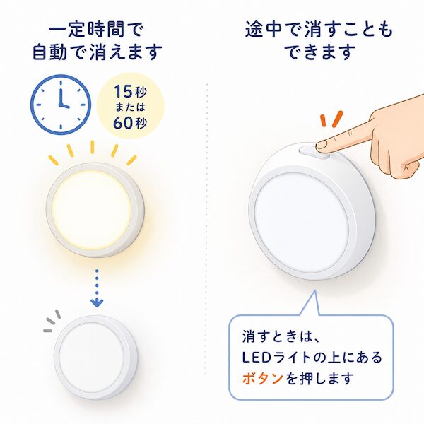 一定時間(15秒または60秒)で自動消灯する機能と、本体上部のボタンを押して途中で手動消灯できる機能の解説。