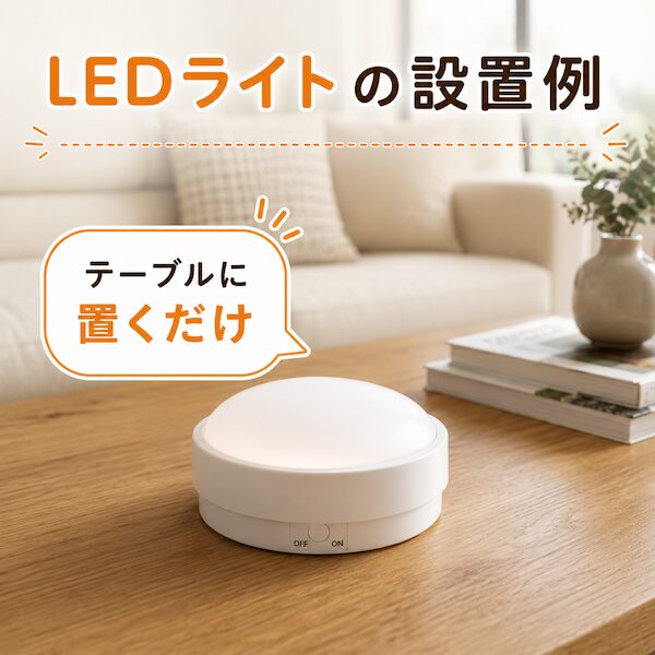 リビングの木製テーブルの上に置かれた丸型LEDライトの設置例。テーブルに置くだけで使える手軽さを紹介。