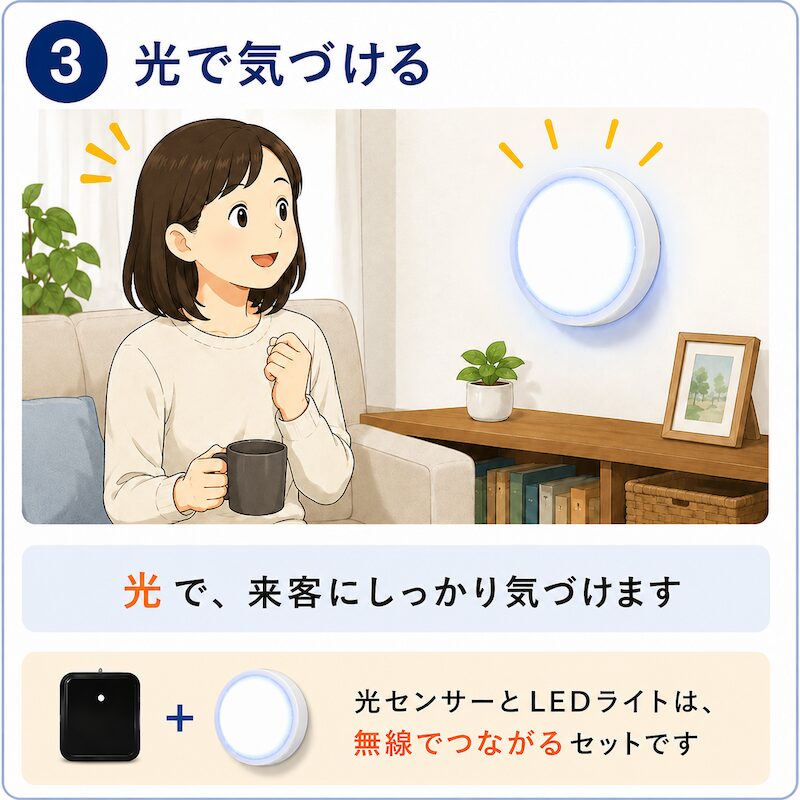 部屋に設置した丸型LEDライトの眩しい光によって、リビングでくつろぎながら来客にしっかり気づけるステップ3の解説。
