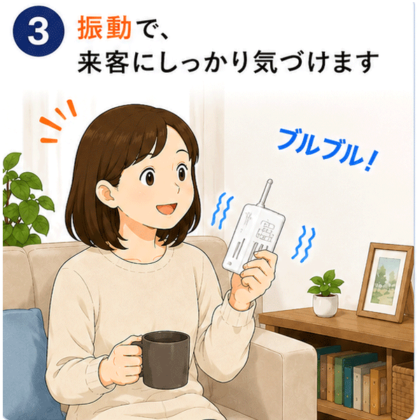 手に持った携帯チャイムが振動でお知らせし、リビングでくつろぎながら来客にしっかり気づけるステップ3の解説。
