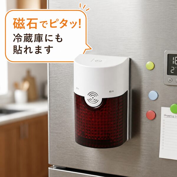 冷蔵庫に磁石で貼り付けられたフラッシュ受信機の設置例