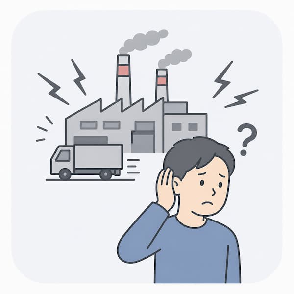 周辺環境の騒音がはげしい。工場の稼働音や大型車両の走行音に困惑する男性のイラスト。