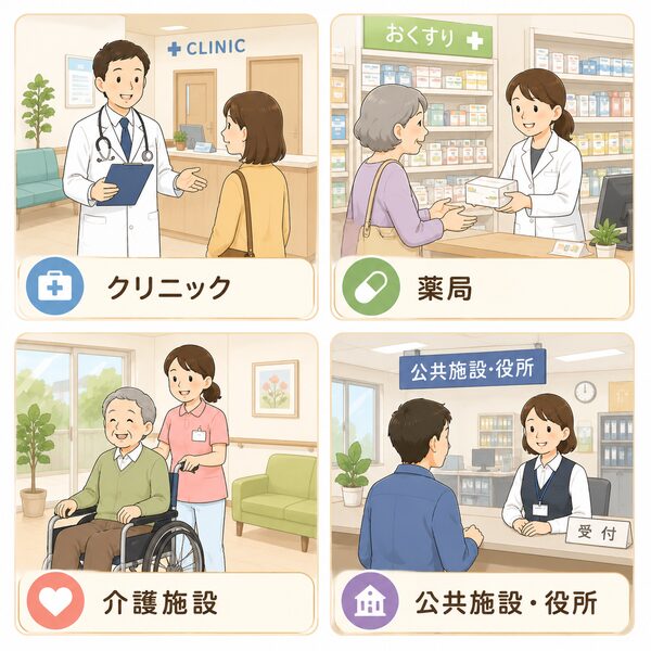 「クリニック」「薬局」「介護施設」「公共施設・役所」の4つの医療・福祉・公的サービスシーンを描いた親しみやすいタッチの場面集です。それぞれの施設におけるカウンセリング、調剤、介助、受付などの業務を視覚的に解説するために活用できます