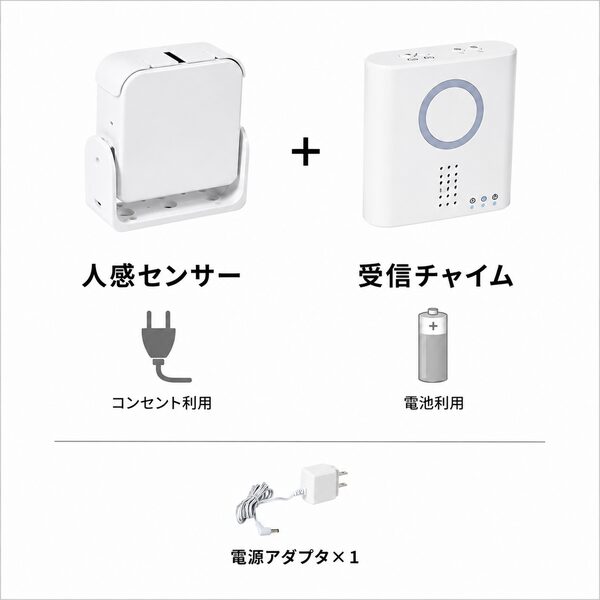 人感センサーをコンセントで使用し、受信チャイムを電池で使用する構成例。電源アダプタ1個を追加した来客チャイムの組み合わせです。
