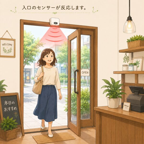 店舗の入口からお客様が入店し、ドア上に設置した人感センサーが反応しているイラスト。上部に「入口のセンサーが反応します。」のテキストがあり、明るく入りやすい店内の雰囲気が描かれている。