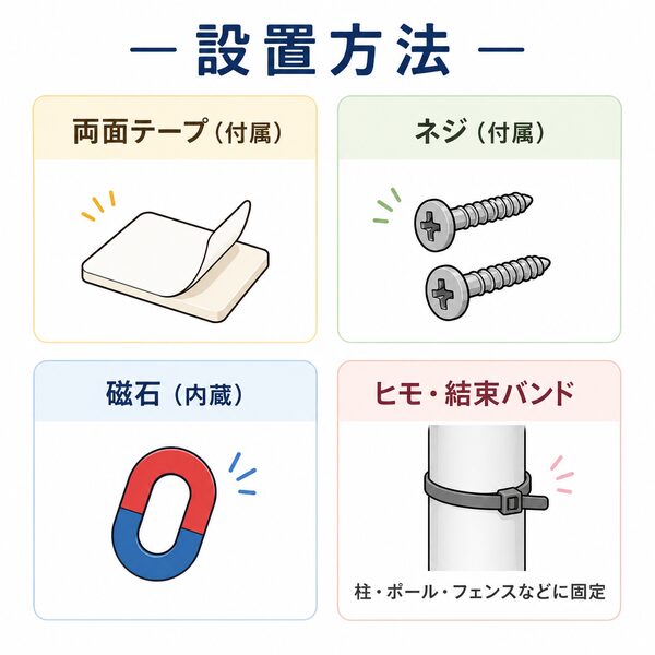 人感センサーの設置方法を説明したイラスト。付属の両面テープやネジ、内蔵磁石のほか、ヒモや結束バンドを使って柱・ポール・フェンスなどにも固定できることを4つの方法で紹介している。
