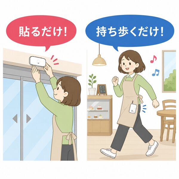 人感センサーは入口に貼るだけ、携帯チャイムはポケットに入れて持ち歩くだけの簡単設置を紹介するイラスト。店員が動き回りながら来客通知を受けられる様子をわかりやすく表現しています。