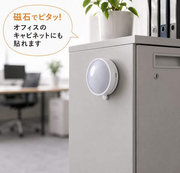 磁石でピタッ。オフィスのスチール製キャビネットの側面に、マグネットを使って簡単に貼り付けられる円形LEDライト受信機の設置イメージ写真。