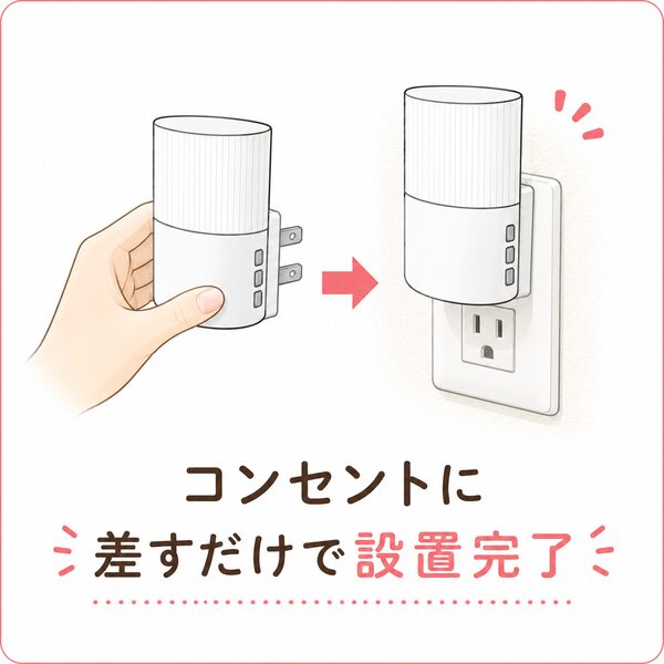 コンセントチャイムを手で持ち、壁のコンセントに差し込む様子をわかりやすく描いたイラスト。コンセントに差すだけで設置が完了し、難しい設定や工事が不要であることをやさしく伝えている。