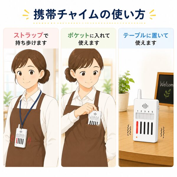 携帯チャイムの3つの使い方を紹介するイラスト。ストラップで首から下げる、ポケットに入れる、テーブルに置く方法を店員風の人物と実機イメージでわかりやすく説明。