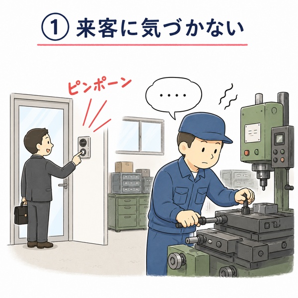 工場内で機械作業に集中しているため来客用インターホンに気づいていない様子を表したイラスト
