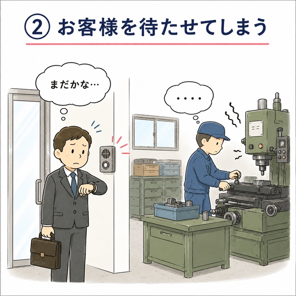 来客に気づかずお客様や取引先を入口で待たせてしまっている様子を表したイラスト
