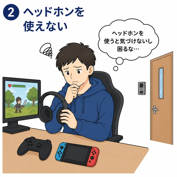 来客に気づけなくなることを心配しながらヘッドホンを手に持って悩んでいる男性の様子