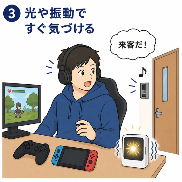 ヘッドホンを着けてゲーム中の男性が、光や振動で来客に気づいている様子