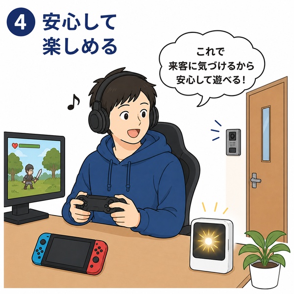 ヘッドホンを着けたままゲームを楽しみながら、光る受信機で来客に気づける環境を整えた様子