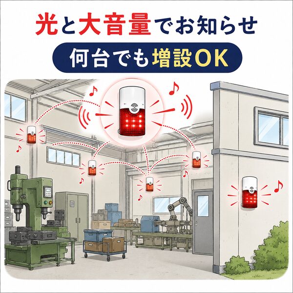 工場内や屋外に複数のフラッシュチャイムを設置し、光と大音量で来客を知らせる仕組みを表したイメージ画像