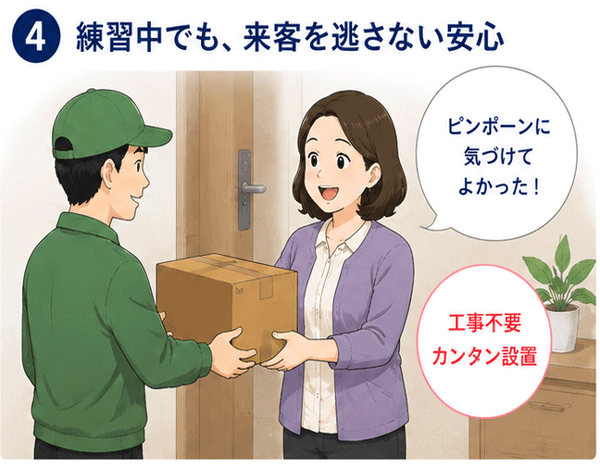 楽器練習などの音があっても来客を逃さない、工事不要で簡単に設置できる光センサー式ワイヤレスチャイムの活用例
