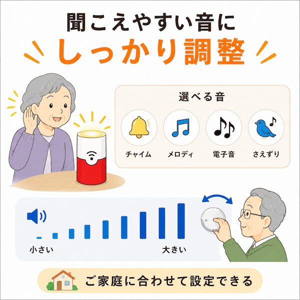 高齢者の難聴対策に。選べる4種類の音色（チャイム・メロディ・電子音・さえずり）と、細かな音量調節ができるフラッシュチャイムの設定方法。