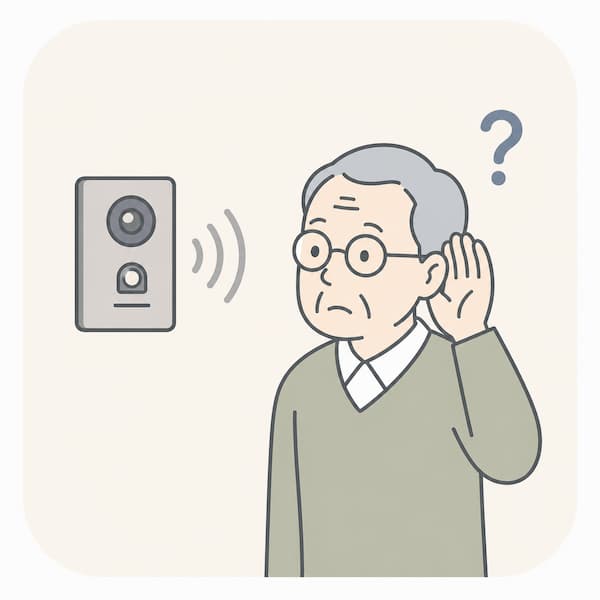 高齢者の難聴やインターホンの聞き取りにくさ。チャイムの音に耳を傾け、困り顔をするシニア男性。