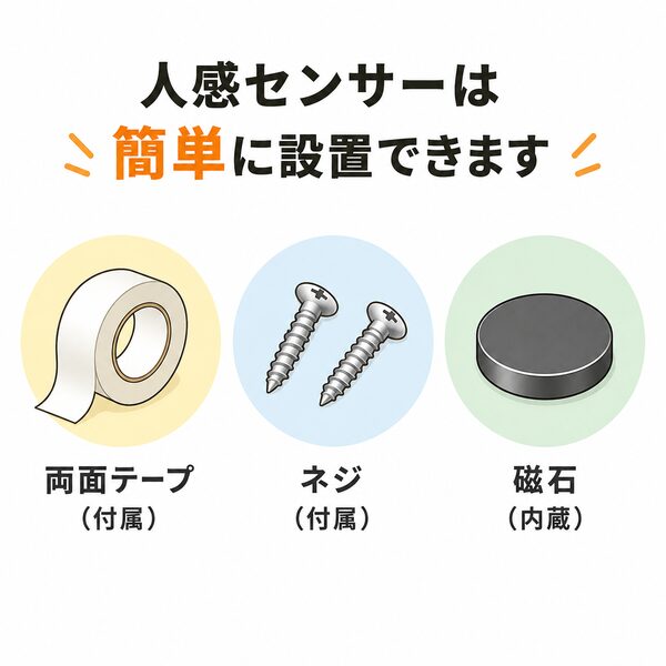 工事不要で簡単に取り付けられる人感センサーの設置工具。付属の両面テープやネジ、内蔵磁石の紹介