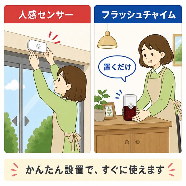 人感センサーをドア上部に取り付け、フラッシュチャイム受信機を棚に置くだけで簡単に設置できる手順の紹介イラスト