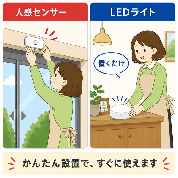 かんたん設置で、すぐに使えます。ドアの上部に人感センサーを貼り付け、受信機のLEDライトを棚の上に置くだけで導入できる手軽さを紹介するイラスト。