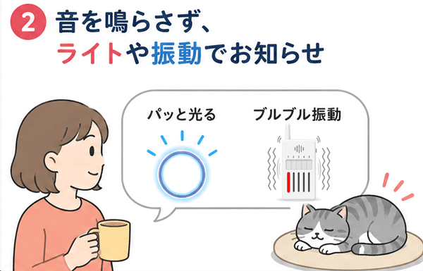 猫を驚かせないためにインターホン音を消音し、パッと光るLEDライトやブルブル震える携帯チャイムで通知する方法