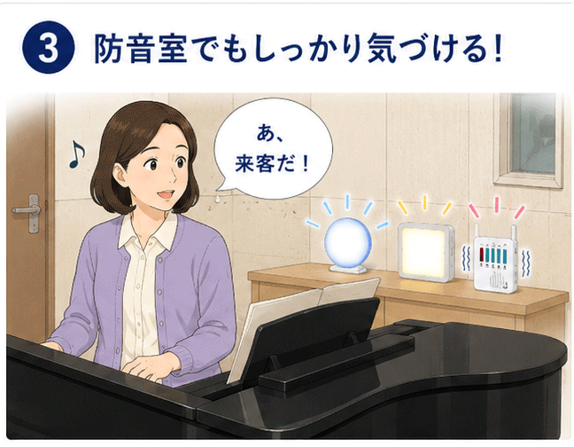 インターホンの音が聞こえにくい防音室や楽器練習中でもしっかり来客がわかるワイヤレスチャイム