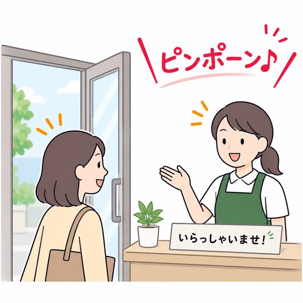 お店の入り口からお客様が入店した際に、ピンポーン♪とチャイムが鳴り、受付カウンターの女性店員が笑顔で迎え入れる様子を描いたイメージイラスト。