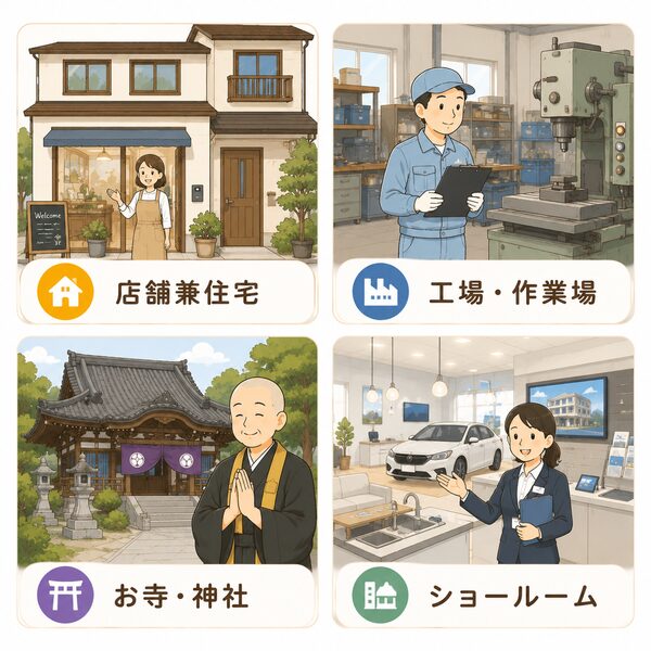 店舗兼住宅、工場・作業場、お寺・神社、ショールームの4つの異なる施設や建物タイプを示す案内。各建物の前に人物が描かれ、各種機器の設置やサービス対応可能な場所をわかりやすく分類して紹介しています