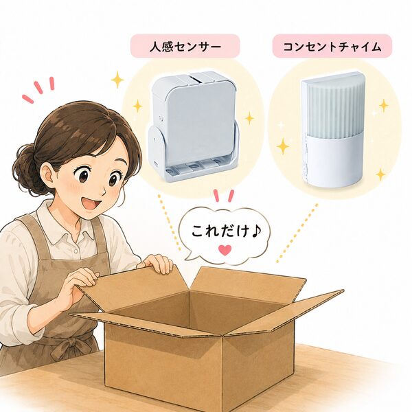 段ボールを開けた女性店長が、人感センサーとコンセントチャイムを見て「これだけ♪」と安心しているイラスト。セットに入っている2つの商品がやさしい色合いでわかりやすく紹介されている。