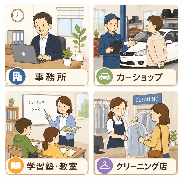 「事務所」「カーショップ」「学習塾・教室」「クリーニング店」の4つのビジネスや店舗シーンを温かみのあるタッチで表現しています。多様な職種や職場での接客、指導、デスクワークなどの日常業務を分かりやすく説明する場面に最適です