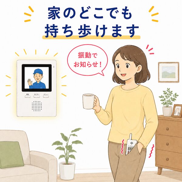「家のどこでも持ち歩けます」ズボンのポケットに入れた携帯チャイムが振動し、移動中でも笑顔ですぐに来客に気づける機能紹介。