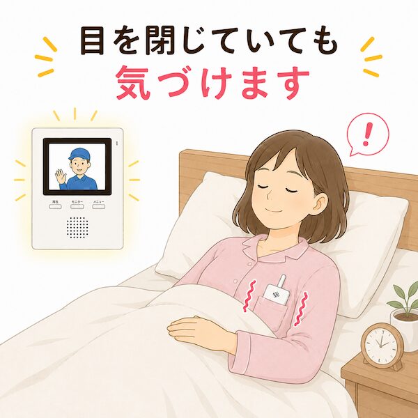「目を閉じていても気づけます」就寝中、パジャマの胸ポケットに入れた携帯チャイムが振動して来客をお知らせする機能紹介。