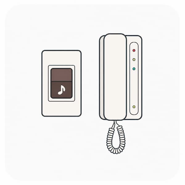 旧式のインターホン受話器とドアチャイムのボタン。受話器式インターホンの交換や修理のイメージ。