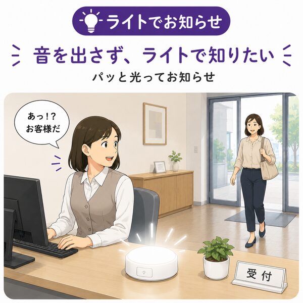 音を出さず、ライトで知りたい方向けのライトタイプを紹介するイラスト。受付のデスクに置いた丸型LEDライトがパッと光り、事務スタッフが「あっ！？ お客様だ」と来客に気づく様子。音を出さずに光でお知らせする静かな場所向けのタイプ。