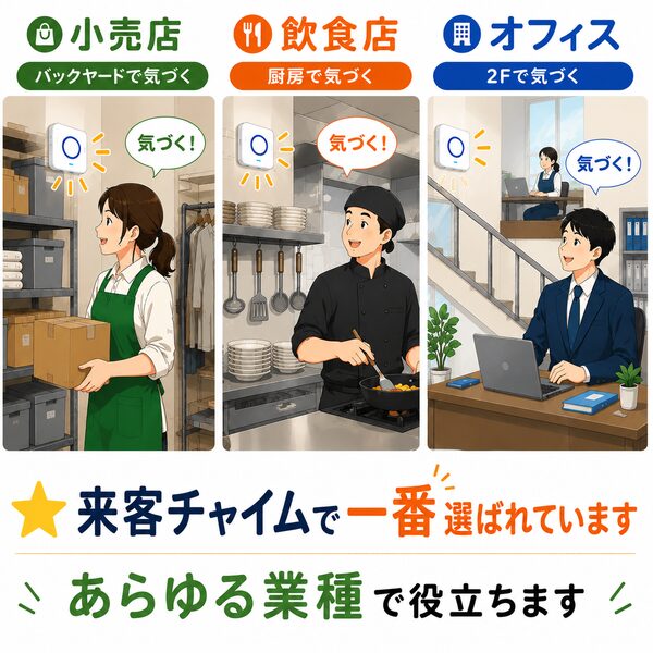 小売店のバックヤード、飲食店の厨房、オフィスの2階で来客に気づく利用シーンを紹介したイラスト。来客チャイムで一番選ばれている定番モデルで、あらゆる業種で役立ちます。