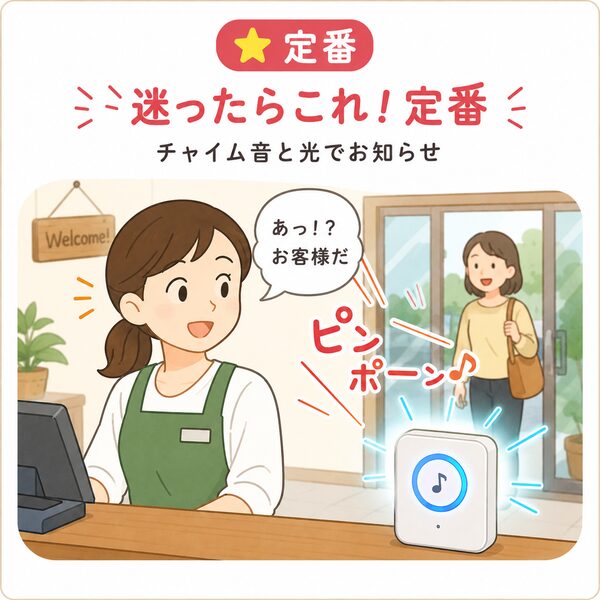 迷ったらこれの定番タイプを紹介するイラスト。受信チャイムが光りながらピンポーンと鳴り、店員が「あっ！？ お客様だ」と気づいて来店したお客様を迎える様子。チャイム音と光でお知らせする人気の定番タイプ。