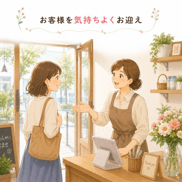 笑顔の女性店長がお客様を気持ちよくお迎えしているイラスト。明るい店内で「いらっしゃいませ」と声をかけるように手を差し伸べ、心のこもった接客の様子が描かれている。