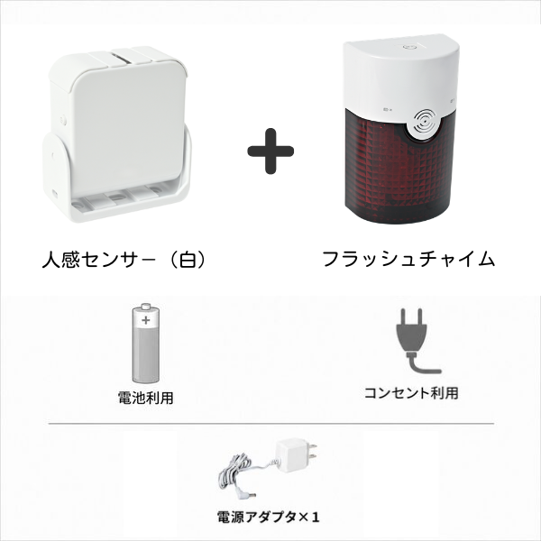 白の人感センサー（電池利用）とフラッシュチャイム（コンセント利用）に電源アダプター1個が付属するセット内容一覧