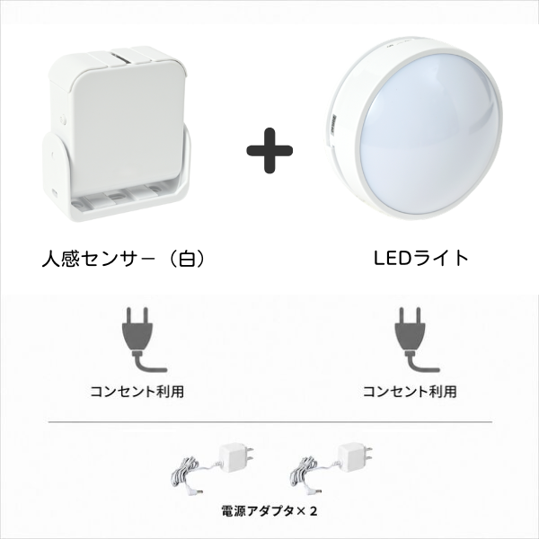 白の人感センサー（コンセント利用）とLEDライト（コンセント利用）の組み合わせで、電源アダプターが2個付属するセットの内容一覧。